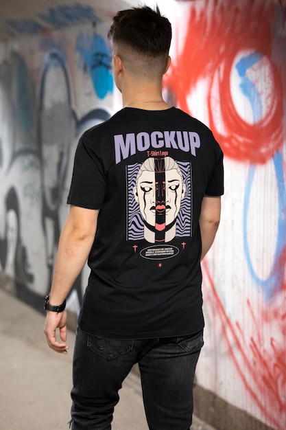Mann trägt ein T-Shirt mit Rückenmockup