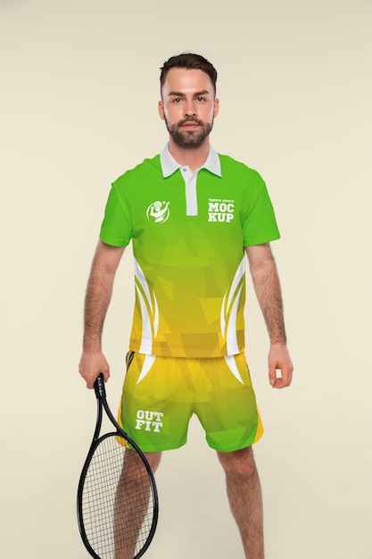 PSD mann trägt tennis-outfit-attrappe