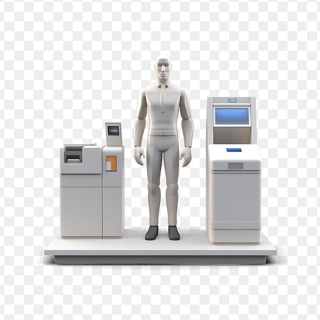 PSD un mannequin se tient à côté d'un guichet automatique