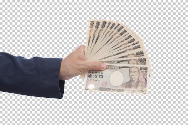 PSD mannhand, die 10000 japanische yen-banknote hält