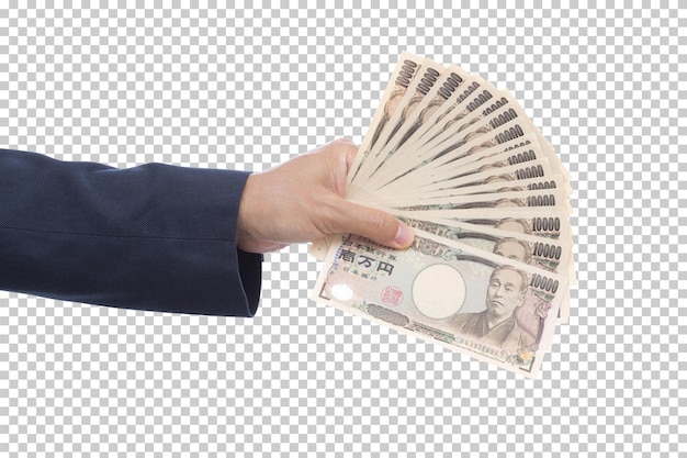 PSD mannhand, die 10000 japanische yen-banknote hält