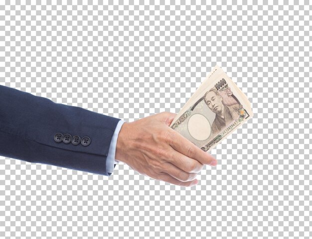 PSD mannhand, die 10000 japanische yen-banknote hält