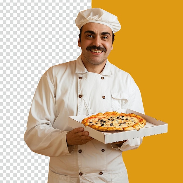 PSD mannlicher koch hält eine pizza auf einem isolierten, transparenten hintergrund.