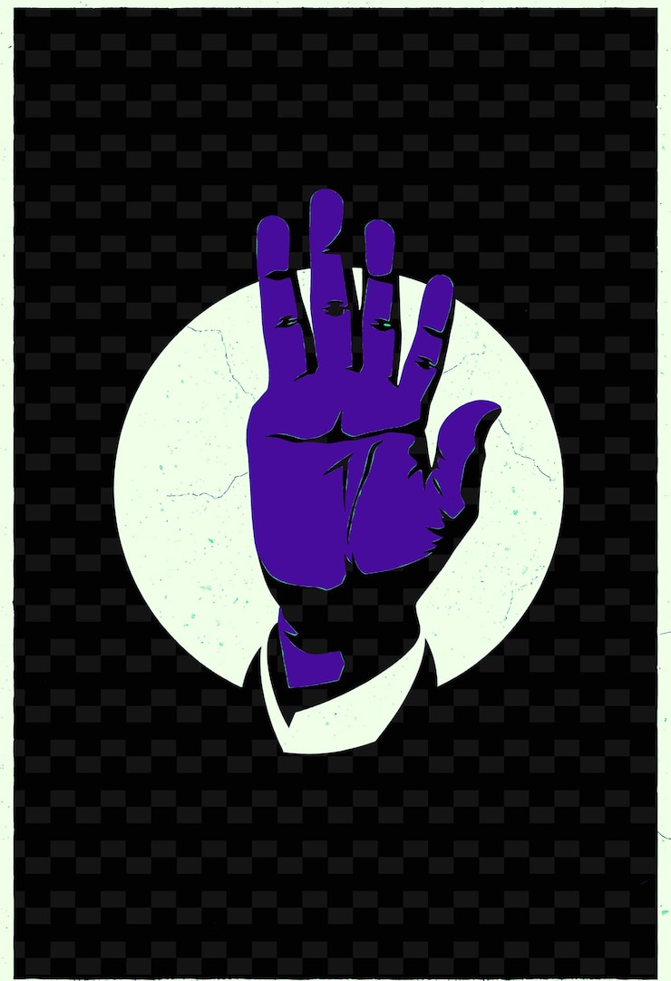 PSD mano 2d sollevata in un gesto stop piatto silhouette affilata contro stark blac illustrazione us campaignk