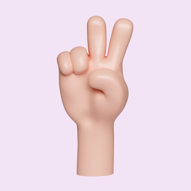 Mano 3D che mostra due dita segno di pace icona di gesto di conteggio delle dita isolata su sfondo giallo illustrazione di rendering 3D percorso di ritaglio