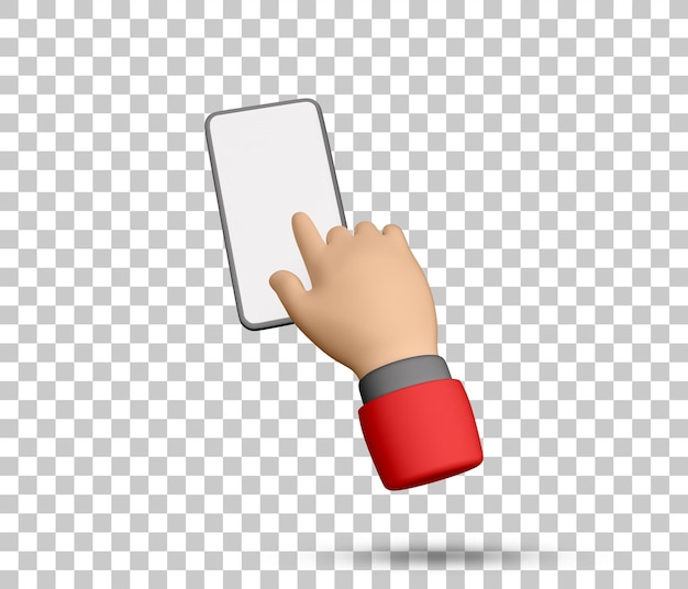 Mano 3d che tocca o fa clic sullo schermo dello smartphone. gesto di puntamento della mano. Il dito indica il telefono