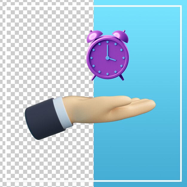 Mano 3d con icono de reloj de alarma