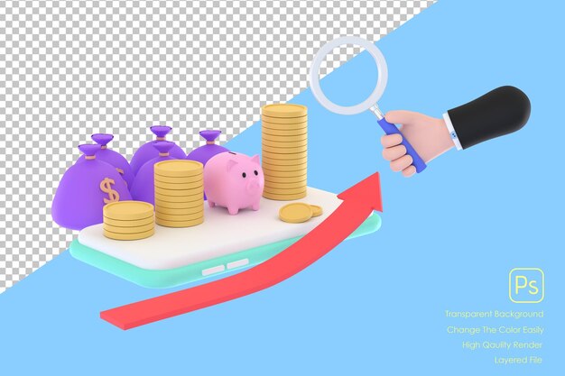 Mano 3D con lupa y hucha monedas bolsa de dinero concepto de gestión financiera