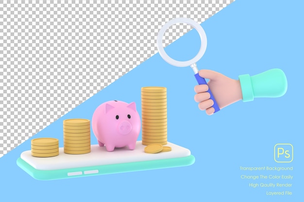 Mano 3D con lupa y monedas de hucha concepto de gestión financiera