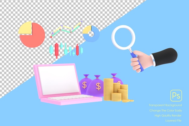 Mano 3D que sostiene la lupa y el concepto financiero de la moneda y del monedero de la tabla de valores de la computadora portátil
