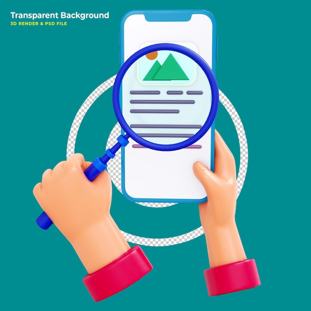 PSD mano 3d que sostiene el teléfono móvil búsqueda de archivos de imagen y video en el concepto de base de datos gestión de documentos escaparate 3d aumento mínimo con dispositivo teléfono inteligente