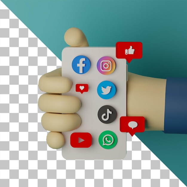 Mano 3D que sostiene el teléfono móvil con el logotipo de las redes sociales representa el fondo para el concepto de marketing