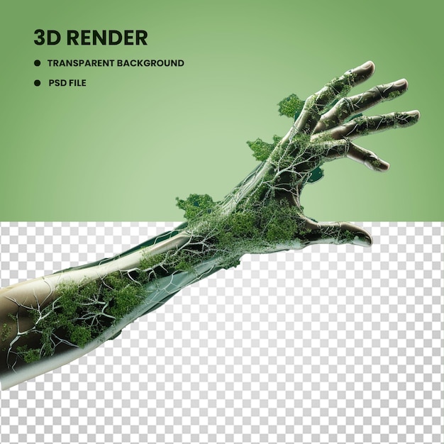 Mano 3d con raíces en la naturaleza