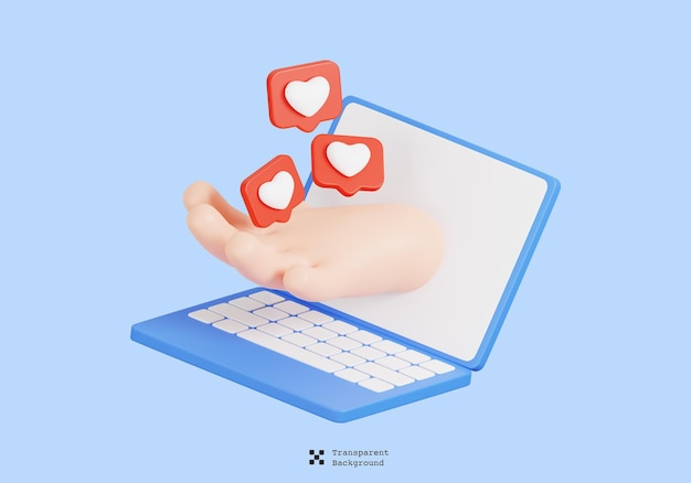 Mano 3D con un símbolo de "me gusta" o "corazón" saliendo de una computadora portátil
