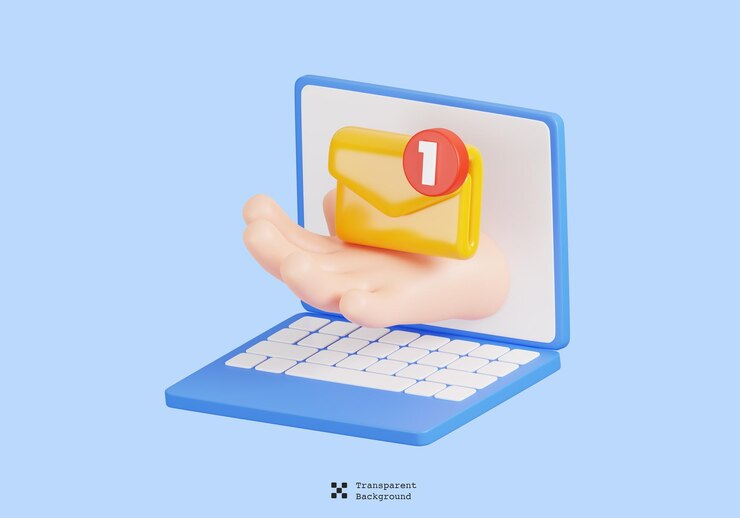PSD mano 3d sosteniendo un correo electrónico de sobre que sale de la computadora portátil