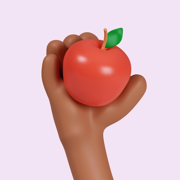 Mano 3D sosteniendo el icono de la manzana roja aislado en fondo rosado Ilustración de renderización 3D Camino de recorte