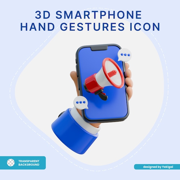 Mano 3D sosteniendo un megáfono que simboliza la promoción en un icono smartpho