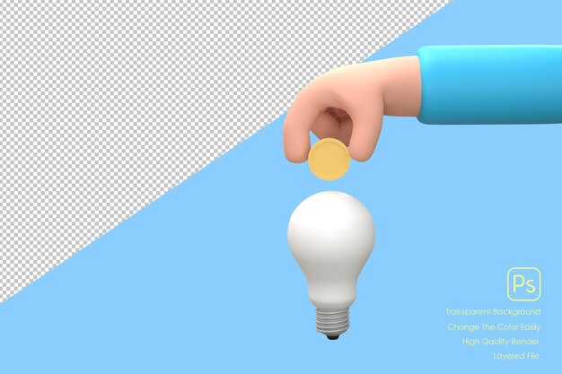 Mano 3D sosteniendo una moneda con un concepto de acumulación de conocimiento de bombilla