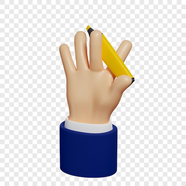 La mano 3d sostiene un marcador amarillo para resaltar lo principal para tomar notas ilustración aislada
