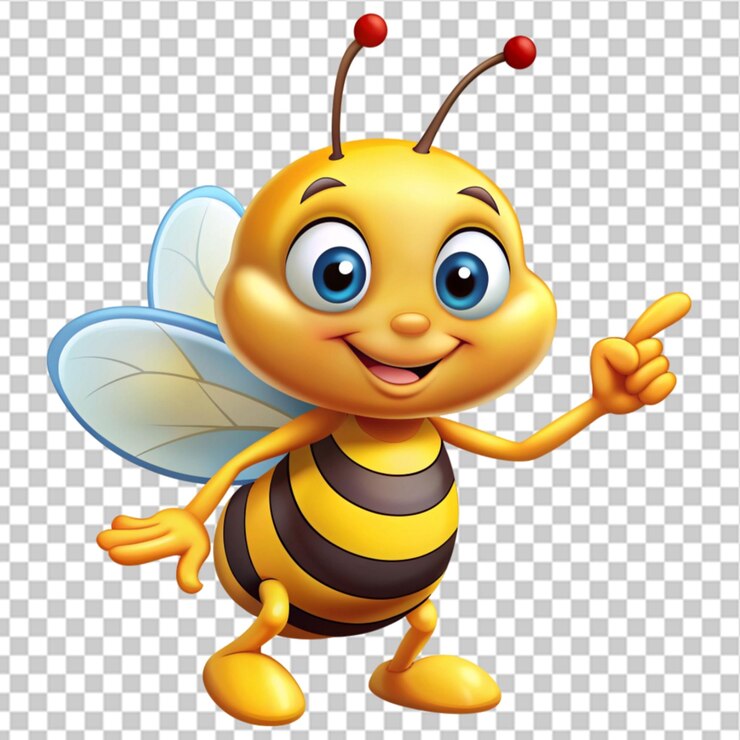 PSD la mano de la abeja de miel de dibujos animados señalando sobre un fondo transparente