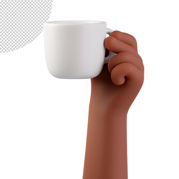 PSD mano afroamericana sosteniendo una taza de cerámica blanca con café o té sobre fondo blanco