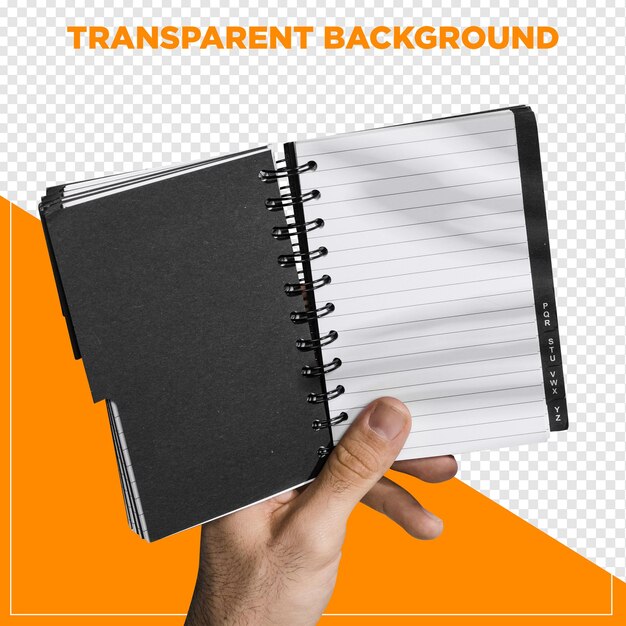 Mano con una agenda con fondo transparente
