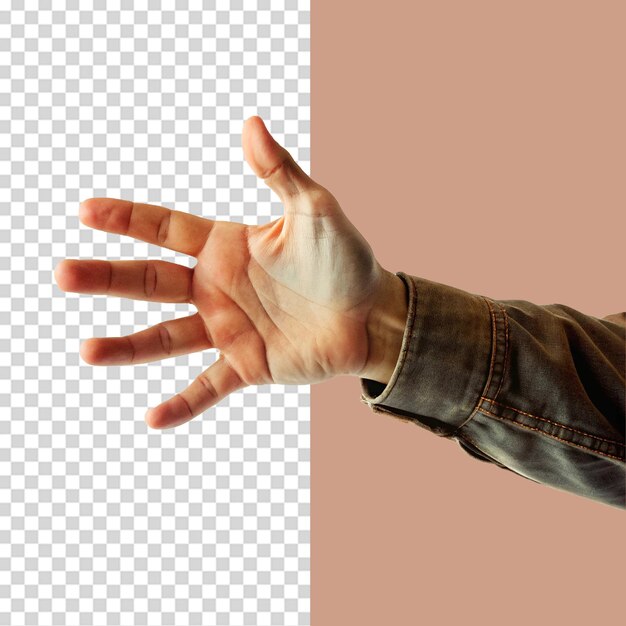 Una mano alcanzando para tocar algo aislado en un fondo transparente
