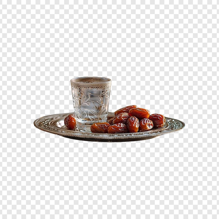 PSD la mano alcanzando un vaso de agua al lado de un plato de dátiles al atardecer