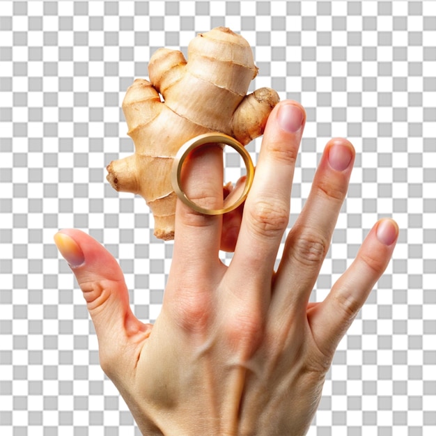 Una mano con un anillo de jengibre aislado en un fondo transparente