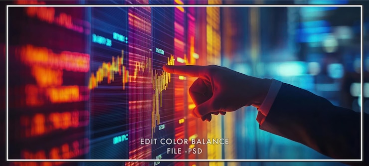 PSD una mano apuntando a un gráfico del mercado de valores en una pantalla grande con datos y gráficos