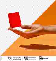 PSD la mano del árbitro de fondo transparente mostrando la tarjeta roja al oponente en la mesa naranja con sombra oscura en primer plano
