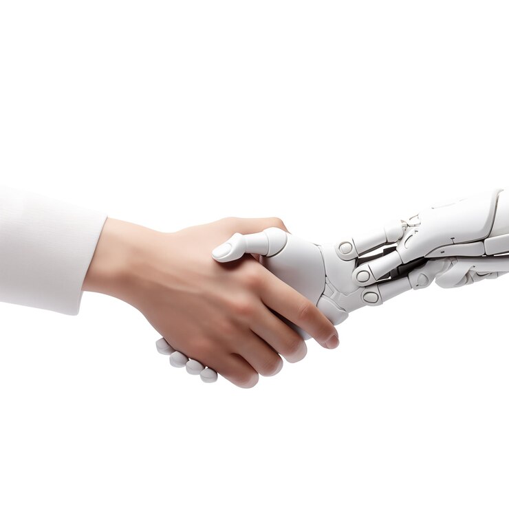 PSD la mano blanca del robot estrechando la mano con la mano humana