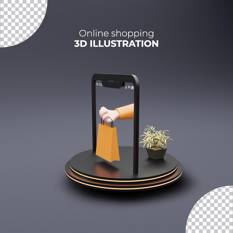 PSD mano de la bolsa de compras que sostiene desde el teléfono inteligente 3d compras en línea