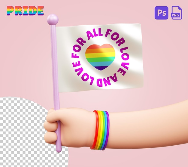 PSD mano caucásica aislada con una bandera de apoyo al orgullo en un fondo transparente para la celebración del mes del orgullo lgbtqia objeto recortado en ilustración 3d