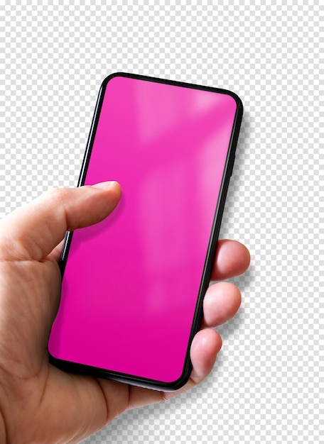 Mano che tiene uno smartphone con schermo rosa vuoto isolato su sfondo trasparente con ombra