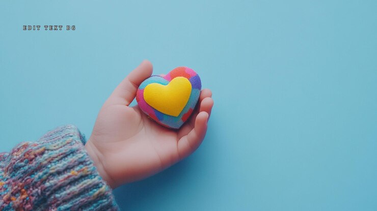 PSD la mano de childs sosteniendo un colorido objeto en forma de corazón contra un fondo azul claro
