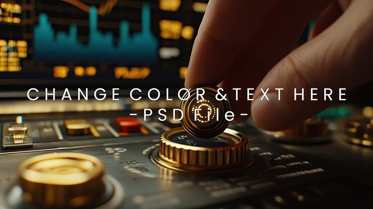 PSD una mano coloca una moneda de oro en un panel de control con gráficos en el