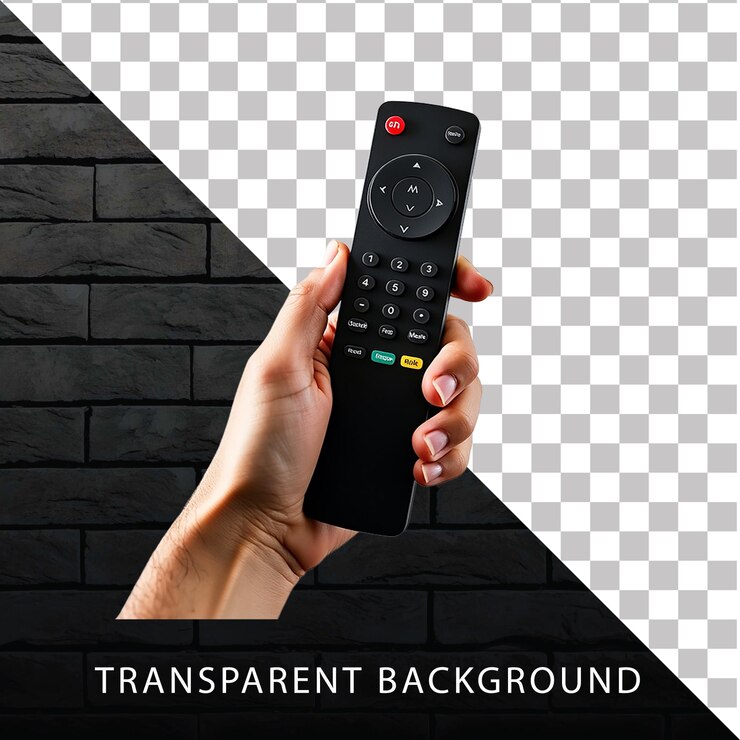 PSD la mano con el control remoto de la tv en un fondo transparente