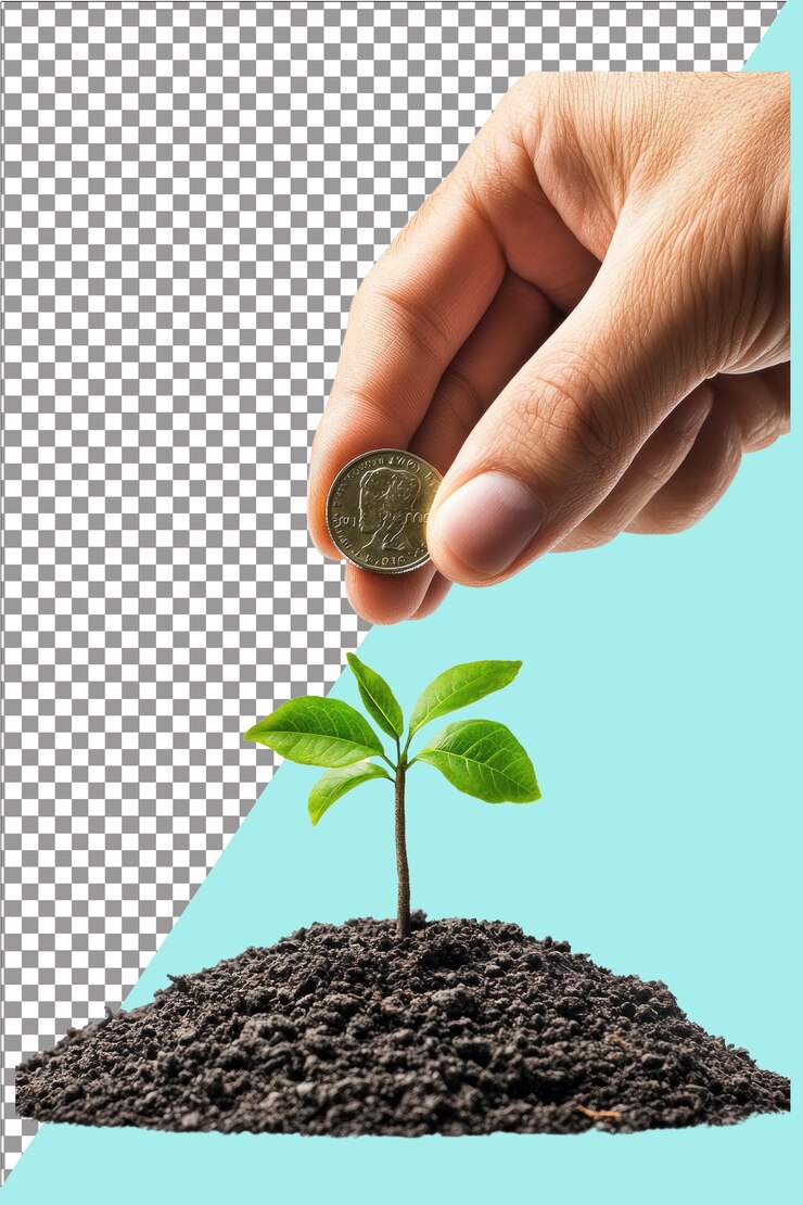 Mano dando una moneda a un árbol en crecimiento Símbolo de crecimiento y generosidad Hiperrealista Blanco aislado