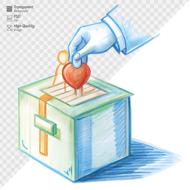 La mano dejando caer el corazón y la figura en la caja de donación sobre un fondo transparente