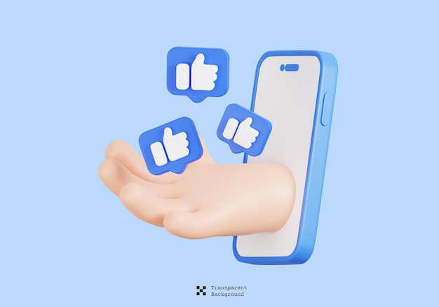 Mano di cartone animato 3D con l'icona "mi piace" che esce dal telefono cellulare