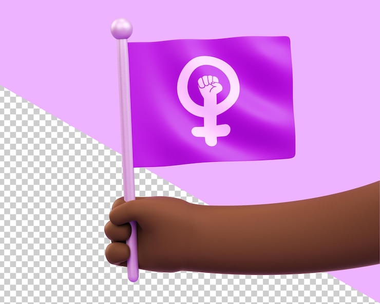 PSD mano di una donna africana con una bandiera femminista per la giornata internazionale della donna e l'attivismo femminista