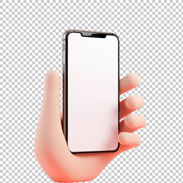 Mano de dibujos animados en 3D sosteniendo un teléfono inteligente aislada en el fondo