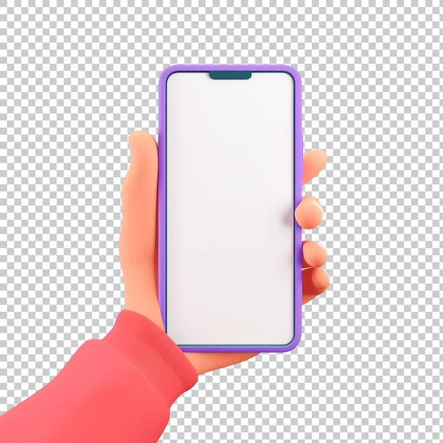 Mano de dibujos animados en 3D sosteniendo un teléfono inteligente aislada en el fondo