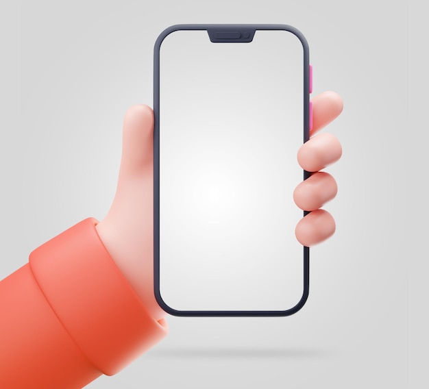 Mano de dibujos animados en 3D sosteniendo un teléfono inteligente con una pantalla en blanco
