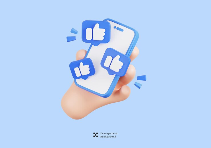 PSD mano de dibujos animados en 3d sosteniendo un teléfono móvil con emoji o símbolo de pulgar hacia arriba
