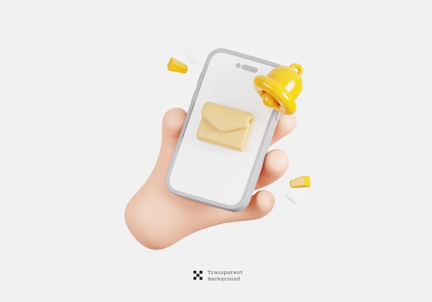 Mano de dibujos animados en 3D sosteniendo un teléfono móvil con sobre de correo y notificación de campana