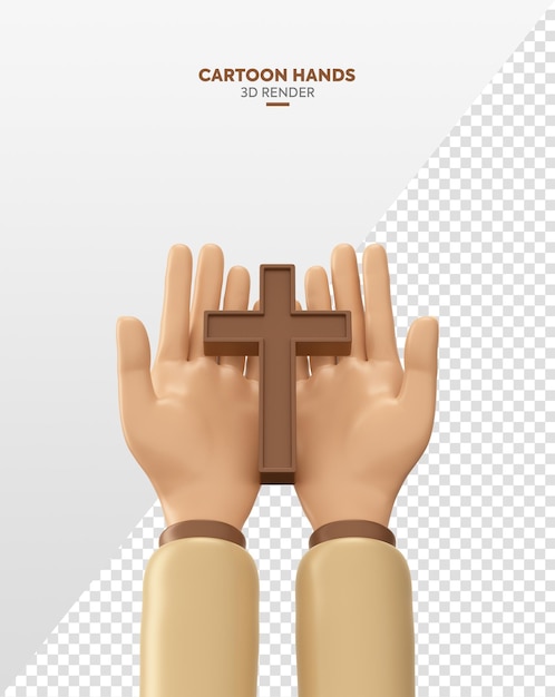 Mano de dibujos animados con una cruz en el elemento 3d