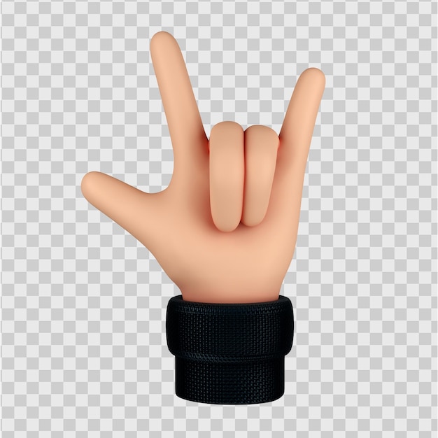 Mano de dibujos animados con gesto de rock, gesto de cuernos 3D Render aislado