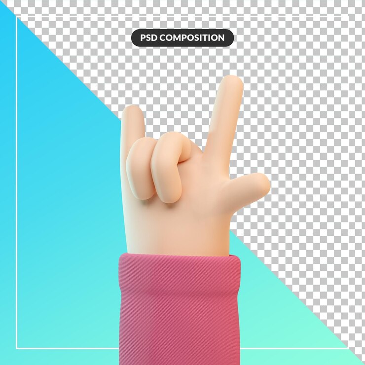 PSD mano de dibujos animados lindo 3d con gesto de rock aislado